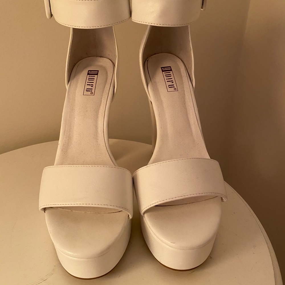White platform block heels